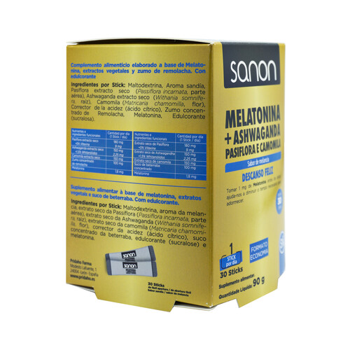 SANON Complemento alimenticio a base de Melatonina, Ashwaganda, Pasiflora y Camomila, con sabor sandía SANON Descanso feliz 30 sticks.