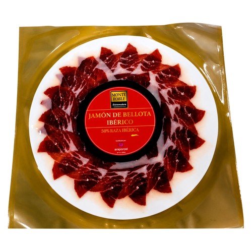 MONTEROBLE Jamón ibérico de bellota (50% ibérico) cortado en lonchas 100 g. 
