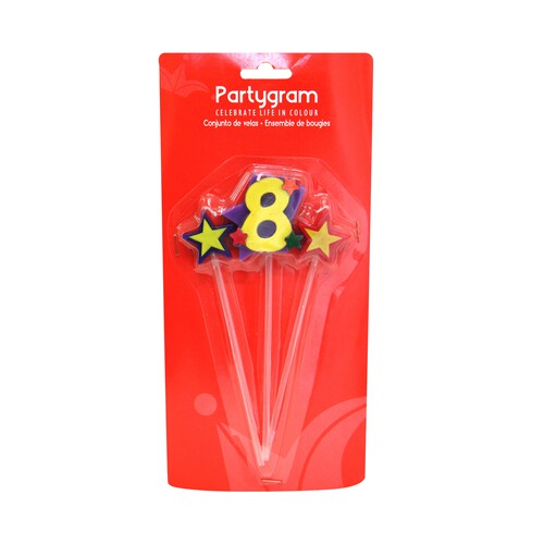 Pack de tres velas (2 estrellas y número 8) PARTYGRAM.