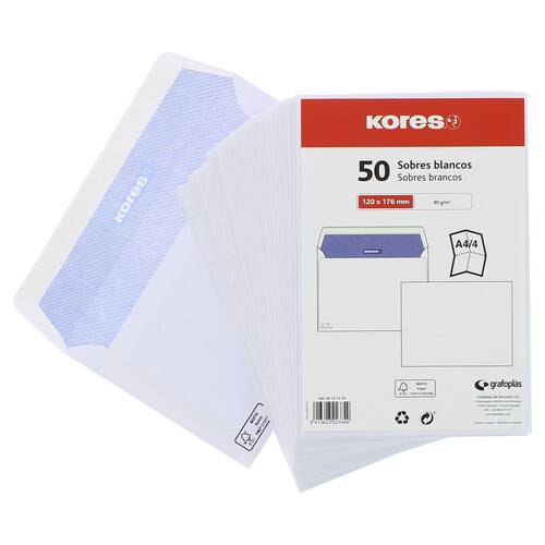 Paquete de 50 sobres de tamaño 120 x 176 mm, peso de 90 g/m² y de color blanco KORES.