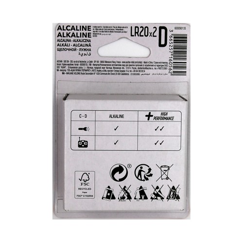 Pack de 2 pilas alcalinas D, LR20, 1,5V, PRODUCTO ALCAMPO +power.