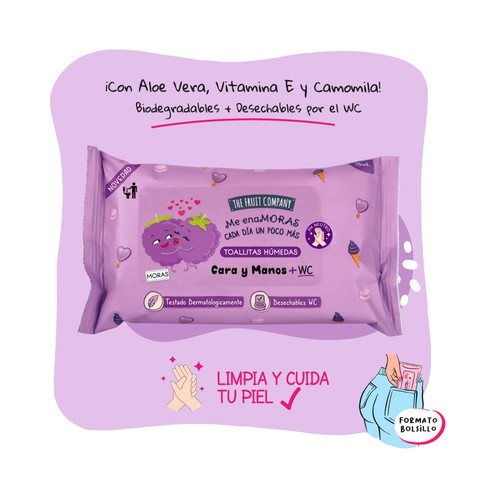 THE FRUIT COMPANY Toallitas humedas con aroma a moras, para la limpieza de cara. manos y WC 15 uds