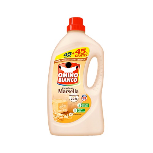 OMINO BIANCO Detergente líquido concentrado con jabón de origen natural y aroma a jabón de Marsella 45 ds.