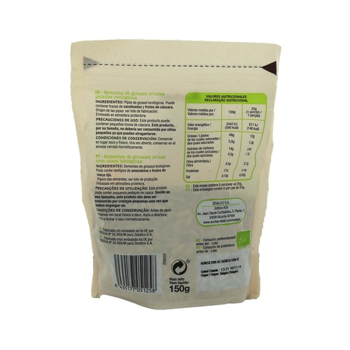 ALCAMPO ECOLÓGICO Pipas de girasol ecológicas, crudas y peladas 150 g.