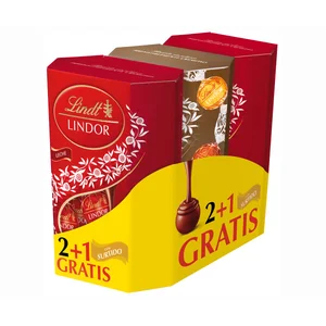 LINDT Bombones lindor en pack 2+1 chocolate con leche y surtido 411 g.
