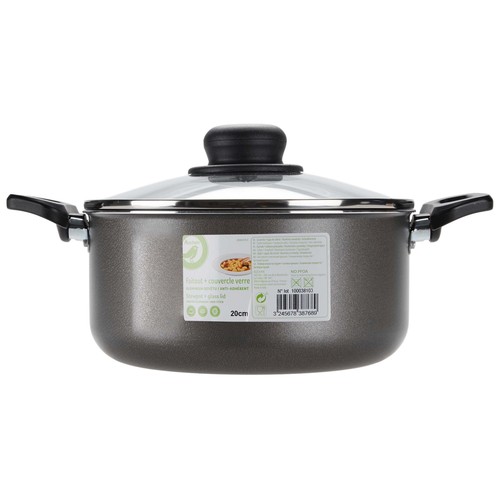 Cacerola de aluminio con tapa de vidrio e interior antiadherente 20 cm. Vitro ESSENTIAL.