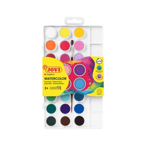 Caja de 24 acuarelas de diferentes colores + pincel JOVI.