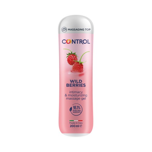 CONTROL Gel de masaje 3 en 1 de base acuosa y aroma a frutos del bosque CONTROL 200 ml.