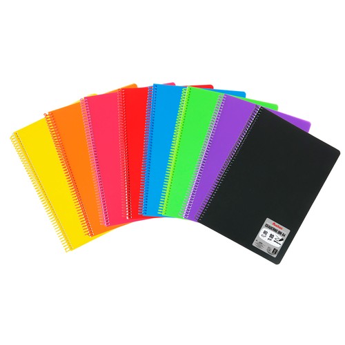 Cuaderno A4 pauta de 3 mm de polipropileno, 80 hojas, papel de 90 gramos, espiral, plástico, surtido. AUCHAN