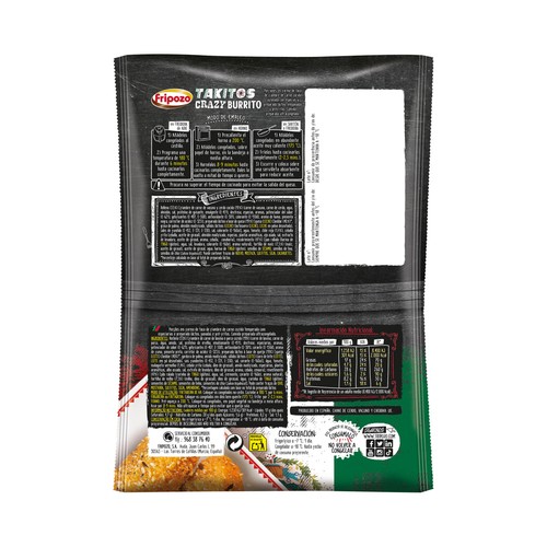 FRIPOZO Crazy burrito Takitos congelados rellenos de vacuno, cerdo y queso 250 g.