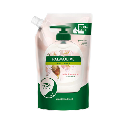 PALMOLIVE Recambio de jabón de manos líquido sin jabón, enriquecido con leche y almendras PALMOLIVE Naturals 500 ml.