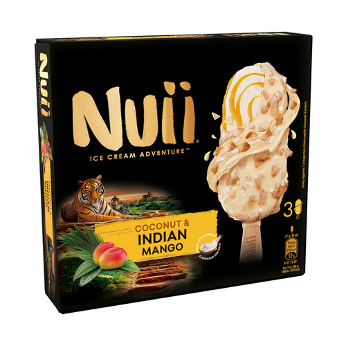 NUII Bombón de helado de coco y mango de la India, recubierto de chocolate blanco NUII 3 x 90 ml.