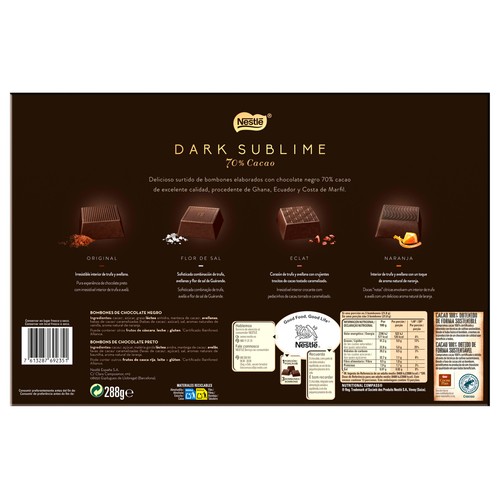 NESTLÉ DARK SUBLIME Surtido de bombones chocolate negro, 70 % cacao 288 g.