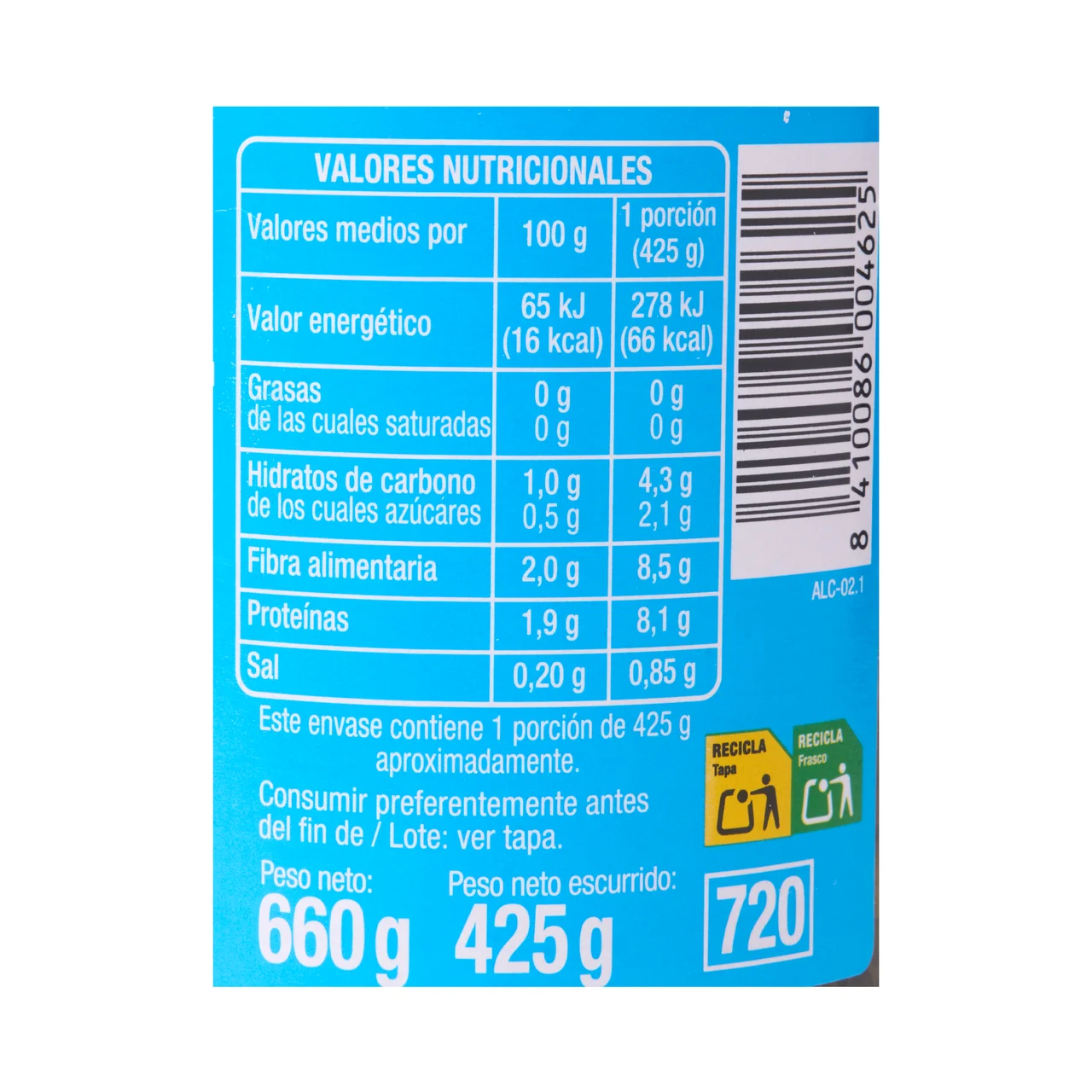 PRODUCTO ALCAMPO Espinacas contenido reducido en sal bote 425 g.