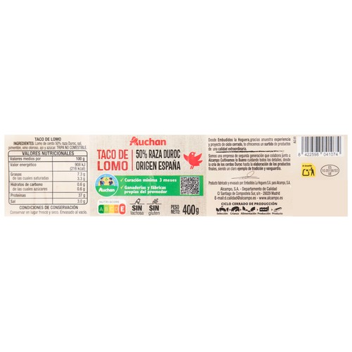 ALCAMPO CULTIVAMOS LO BUENO  Taco de lomo embuchado (50% raza Duroc) y con un mínimo de 3 meses de curación  400 g.