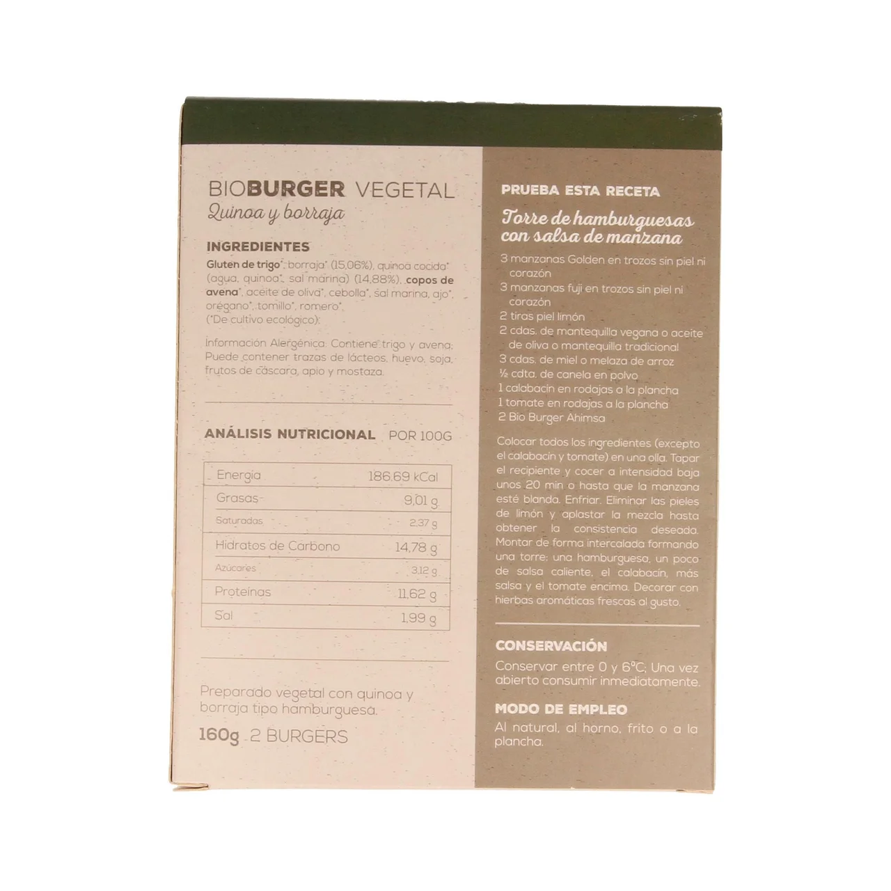 AHIMSA Burger de avena,quinoa y verduras ecológica AHIMSA 150 g.