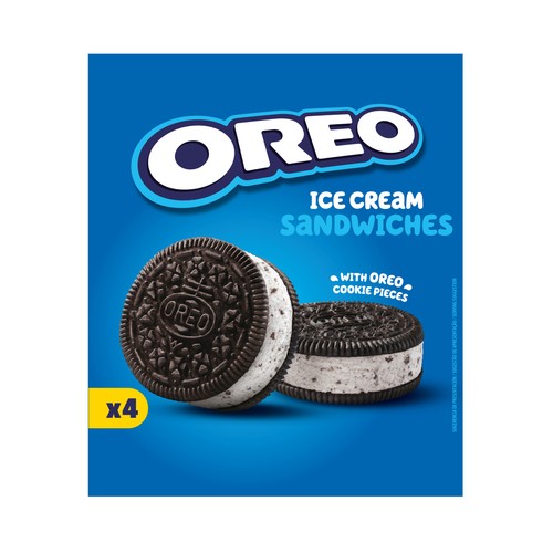 OREO Sandwich de helado de vainilla con galletas y trocitos de galleta al cacao 4 x 110 ml.