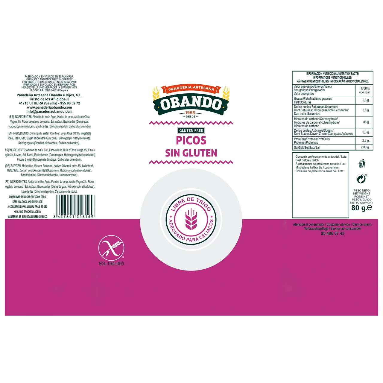 OBANDO Picos sin gluten OBANDO 80 g.