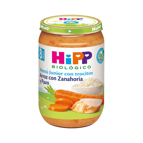 HIPP Biológico Tarrito (con trocitos) de arrroz con zanahoria y pavo, a partir de 8 meses 220 g.
