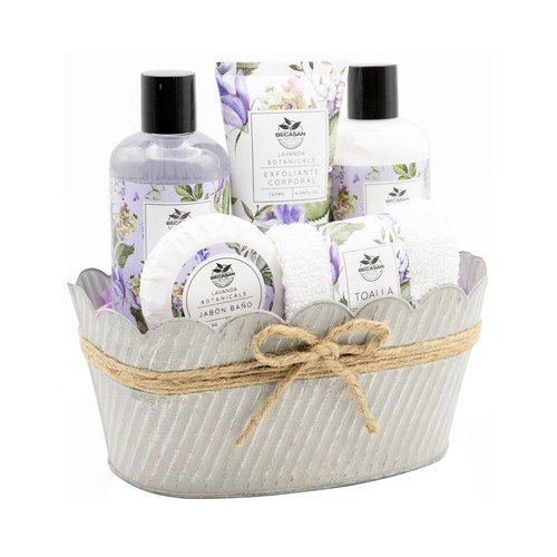 BECASAN NATURE Jardín de lavanda Cesta metálica con productos para el cuidado y la higiene personal.