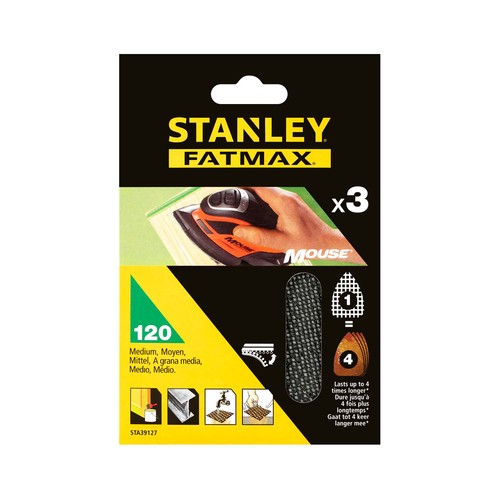 Pack 3 hojas de lija de malla para Mouse, con velcro. Grano 120, STANLEY.