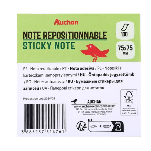 100 notas adhesivas 75x75cm, AUCHAN.