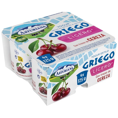 CENTRAL LECHERA ASTURIANA Yogur estilo griego ligero con trozos de cereza 4 x 125 g.