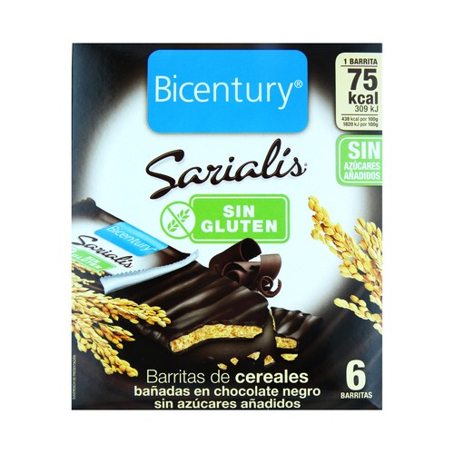 BICENTURY Barritas de cereales bañadas en chocolate negro. Sin gluten SARIALÍS de BIOCENTURY 100 g.