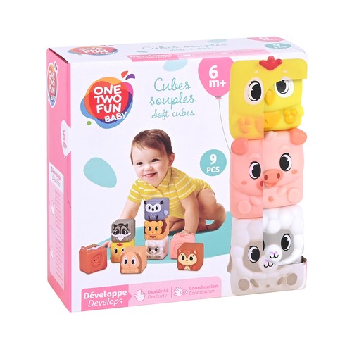 Cubos Blanditos Animales, 9 piezas juguetes para el desarrollo de la destreza y la coordinación +6 Meses ONE, TWO FUN Baby