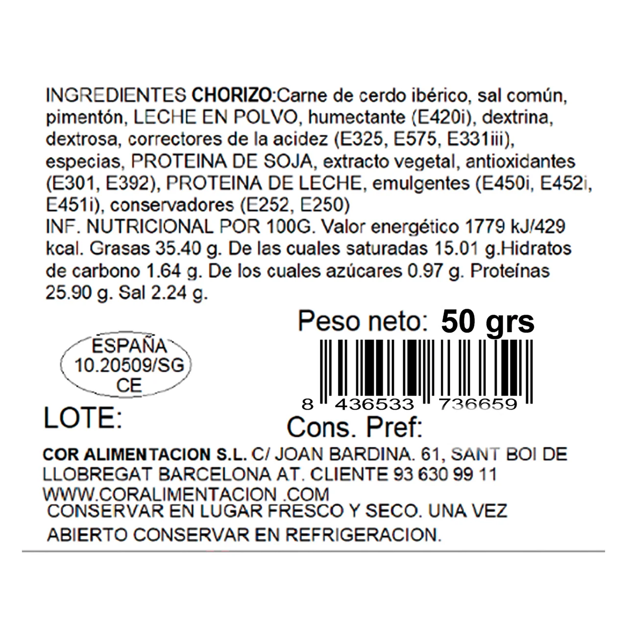 Chorizo ibérico de cebo 50 g.