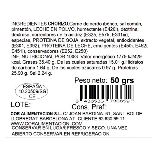 LEYENDA IBÉRICA Chorizo ibérico de cebo 50 g.