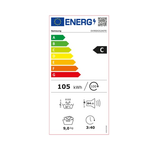Secadora por condensación con bomba de calor SAMSUNG DV90DG52A0TEEC, capacidad de secado: 9KG, clasificación energética: C, H: 85cm, A: 60cm, F: 60cm.