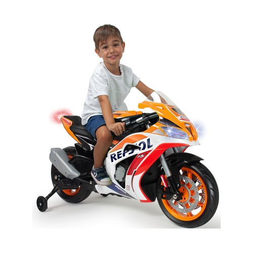 Moto infantil con batería modelo Repsol Honda Competicion, batería de 12V y velocidad hasta 6km/h, INJUSA.