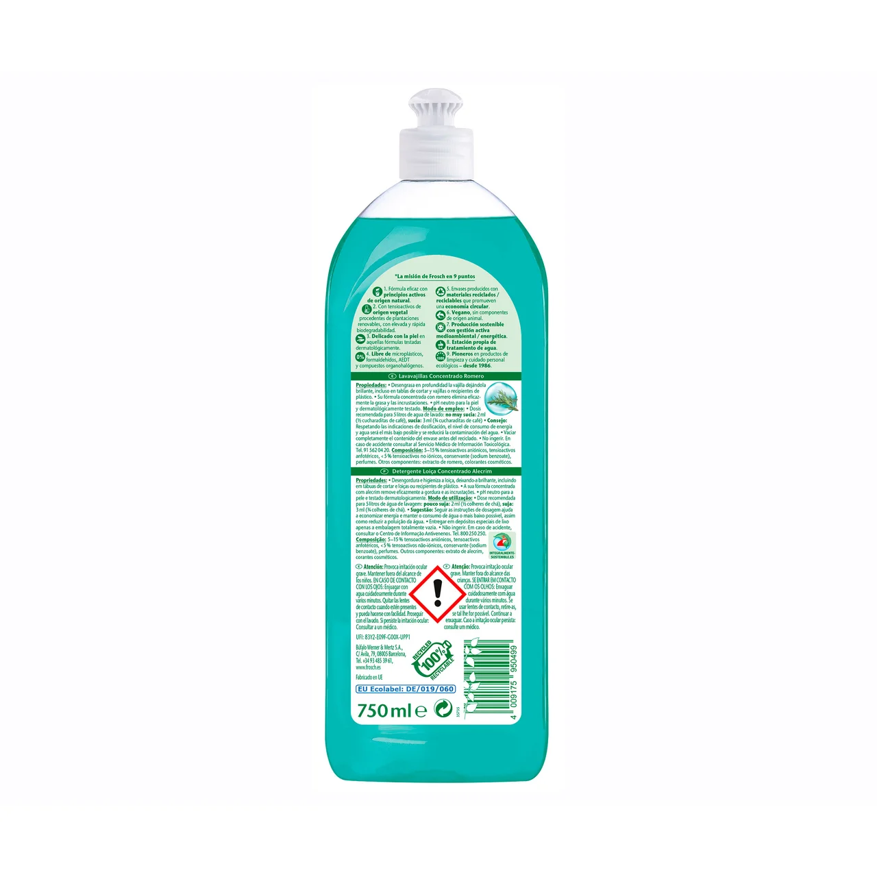 Detergente lavavajillas a mano concentrado romero 750 ml.