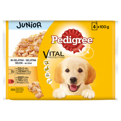 PEDIGREE Comida para perro junior húmedo a base de pollo gelatina PEDIGREE 4 uds. x 100 g.