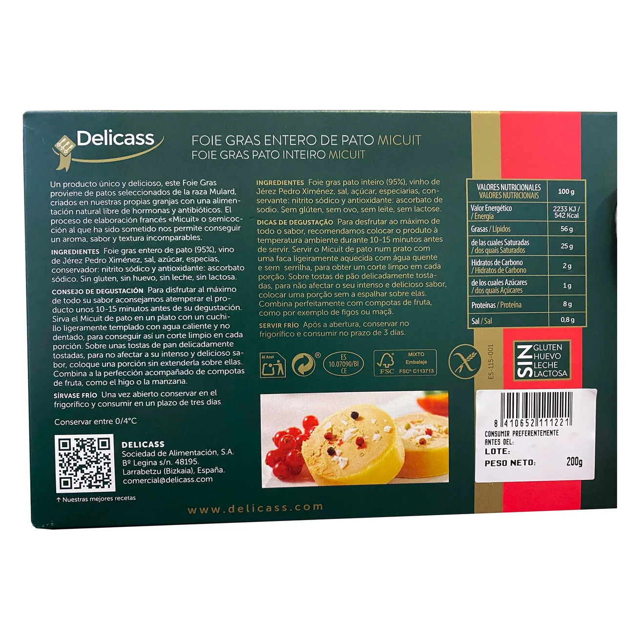 Foie gras de pato entero 200 g.