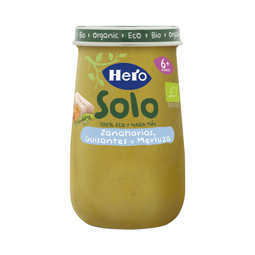 HERO Solo Tarrito de zanahoria, guisantes y merluza ecológicos, a partir de 6 meses 190 g.