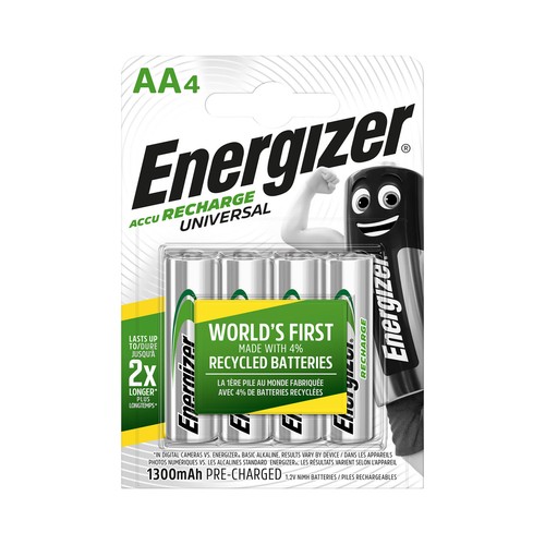 Pack de 4 pilas recargables AA, Ni-MH, HR06, ENERGIZER, 1300 mAh.