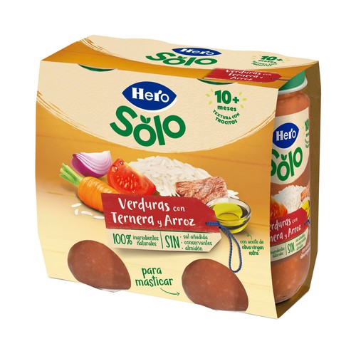 HERO Solo Tarritos de verduras con ternera y arroz (textura con trocitos), a partir de 10 meses 2 x 235 g.