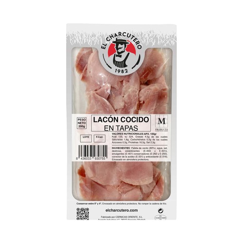 Lacón cocido cortado a mano, sin gluten y sin lactosa EL CHARCUTERO 200 g.