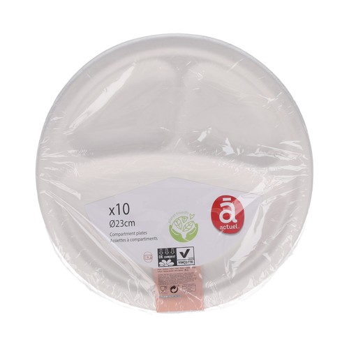 Platos desechables de cartón con 3 compartimentos, 23cm., 10 unidades, Planet Friendly ACTUEL.