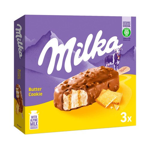 MILKA Bombón helado de vainilla y mantequilla con trocitos de galletas de mantequilla 3 x 90 ml.