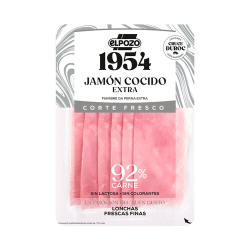 Jamón cócido, sin lactosa y sin colorantes, cortado en finas lonchas EL POZO 1954 Corte fresco 120 g.