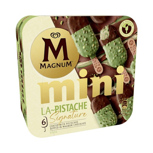 MAGNUM La pistache signature Mini helado de pistacho cubierto de chocolate con leche y pistachos caramelizados 6 x 55 ml.