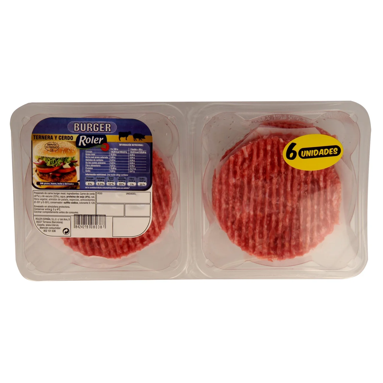Bandeja con burger meat mixta (vacuno - cero) 6 x 80 g.