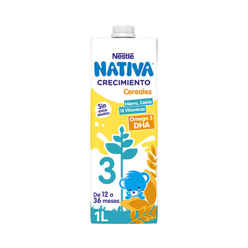 NATIVA Crecimiento de Nestlé Leche (3) de crecimiento con cereales, de 12 a 36 meses 1 l.