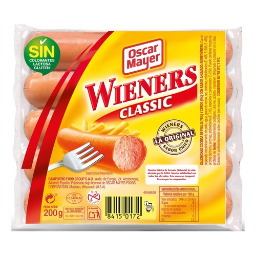 Salchichas de cerdo y pollo, cocidas y con sabor ahumado OSCAR MAYER Wieners 200 g.