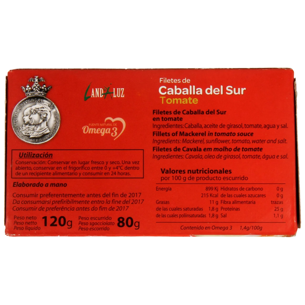 Caballa del sur en tomate en filetes lata de 78 g.