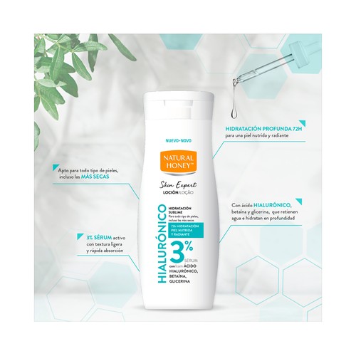 NATURAL HONEY Skin expert hialurónico Loción corporal hidratante, para todo tipo de pieles incluso muy secas 330 ml.