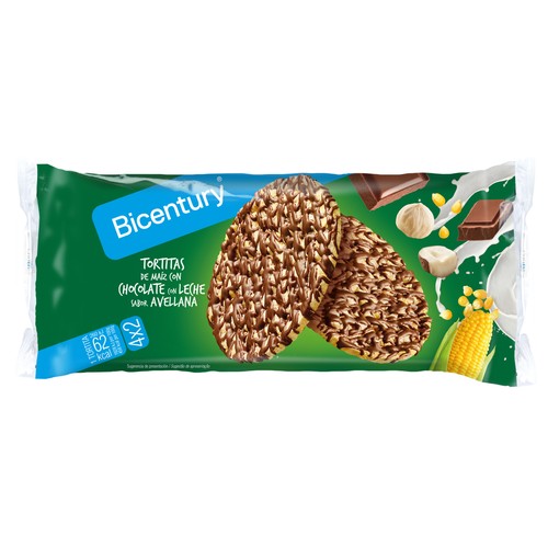 BICENTURY Tortitas de maiz con chocolate con leche y sabor avellana 4 x 2 108 g.